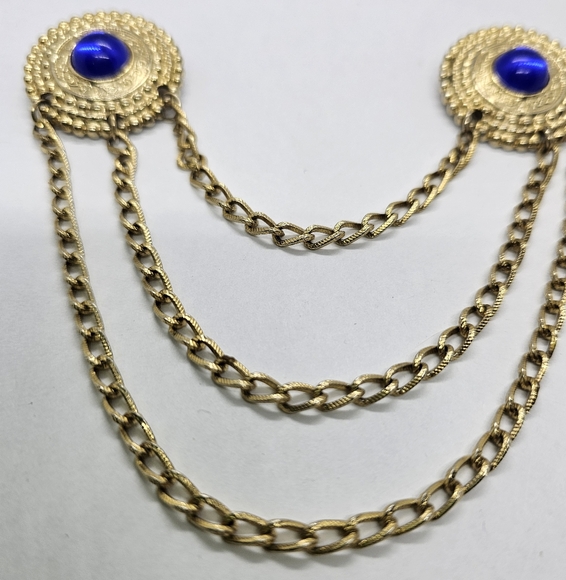 Cobalt Blue Double Cabochon Goldtone collar Brooch - Picture 2 of 7